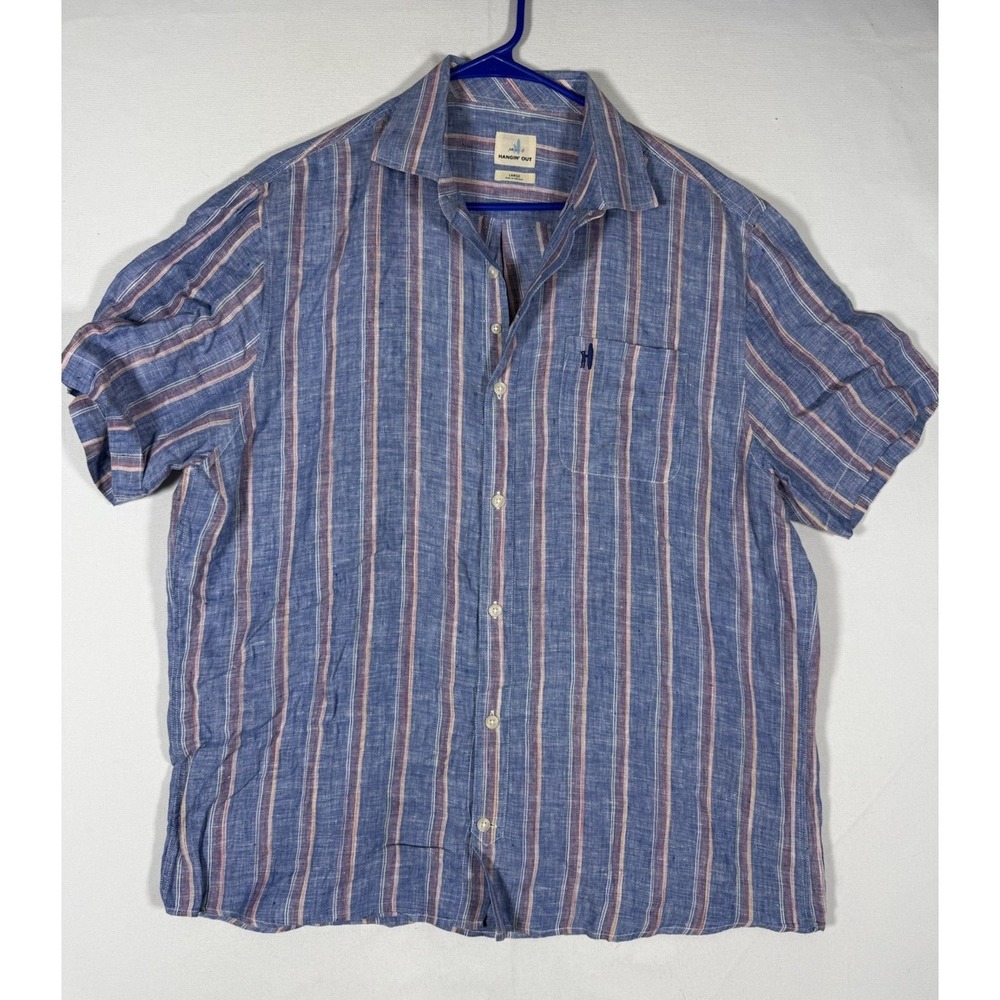 Johnnie O Button Down Shirt Mens Large Blue Pure Linen Chambray Stripes Portugal